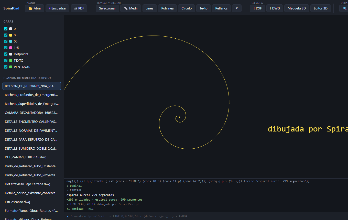 Rutina SpiralScript dibujando una espiral áurea de 299 segmentos en el visor