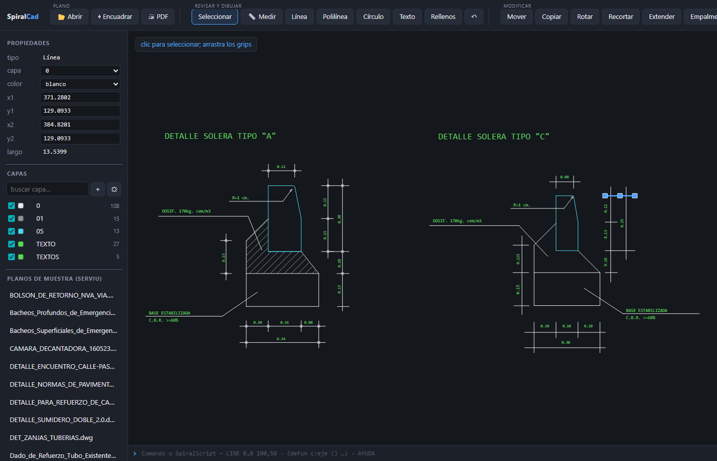 SpiralCad editando un plano de soleras del SERVIU: entidad seleccionada con grips, panel de propiedades y capas